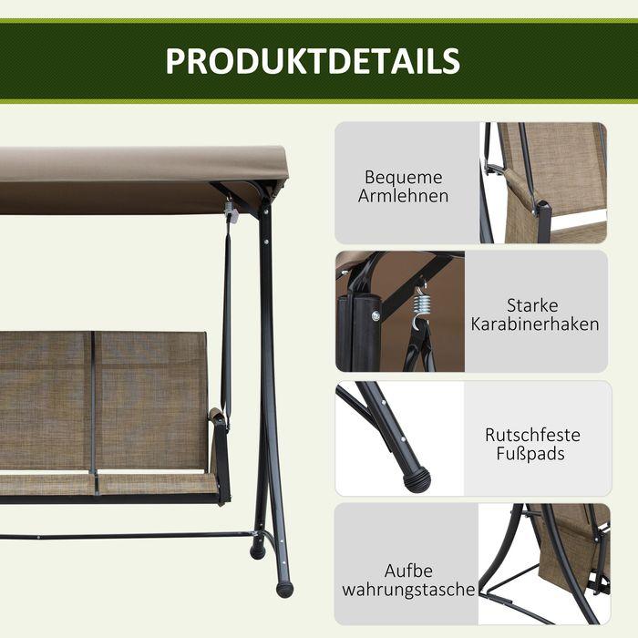Produktbild Swisshandel24 Hollywoodschaukel, 3-Sitzer, verstellbares Sonnendach, bis 300kg, 196x128x172 cm, Braun