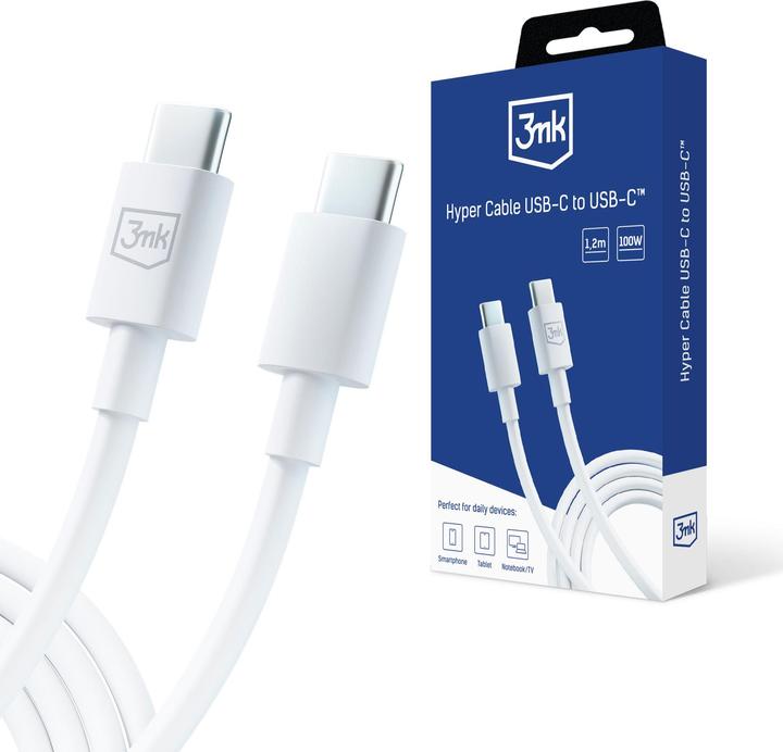 Produktbild 3MK Hyper Cable USB-C - USB-C 100W 1.2m Biały/White Kabel (1.20 m, USB 3.2 Gen 1, 100 W)