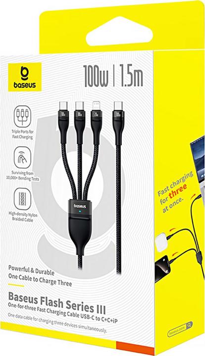 Produktbild Baseus 3-in-1 Flash3 USB to C+C+L 100W / 1.5m cable (black) (1.50 m, USB 2.0, 100 W)