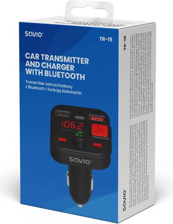 Produktbild Savio FM Sender Bluetooth 5.3 QC 3.0 Ladegerät LED Display Bass Boost TR-15 schw