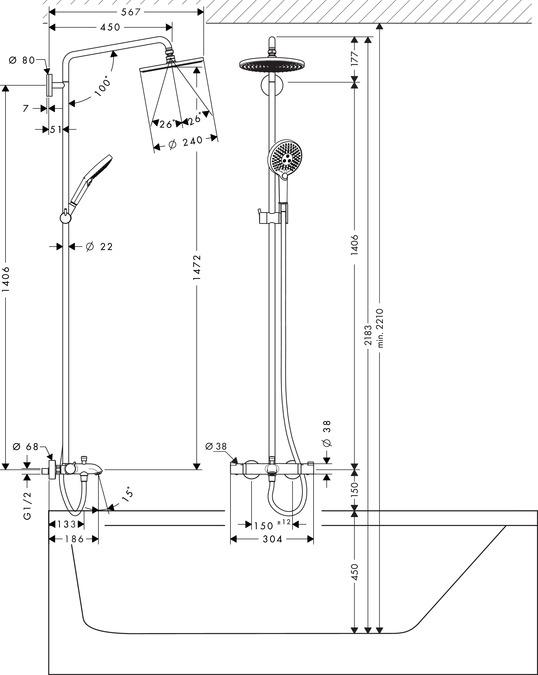 Produktbild hansgrohe HG Showerp RAINDANCE SELECT S 240 1jet DN 15, für Wanne chrom