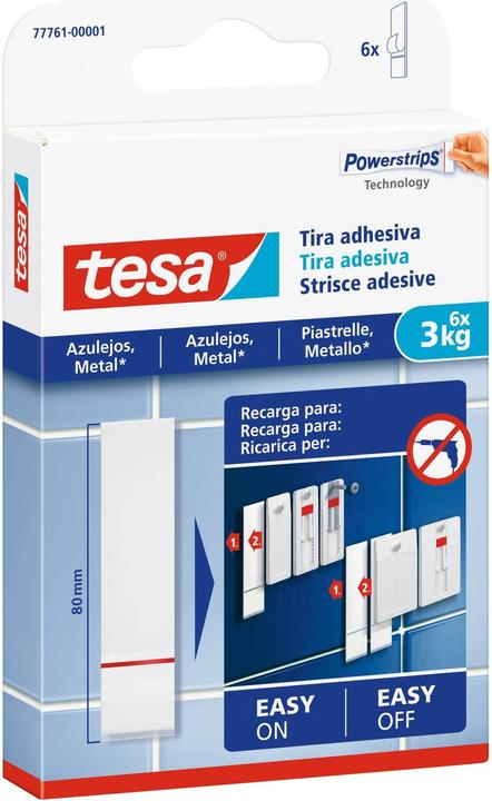 Immagine prodotto tesa Powerstrips per piastrelle e metallo, 3 kg di forza di tenuta, 6 strisce biadesive