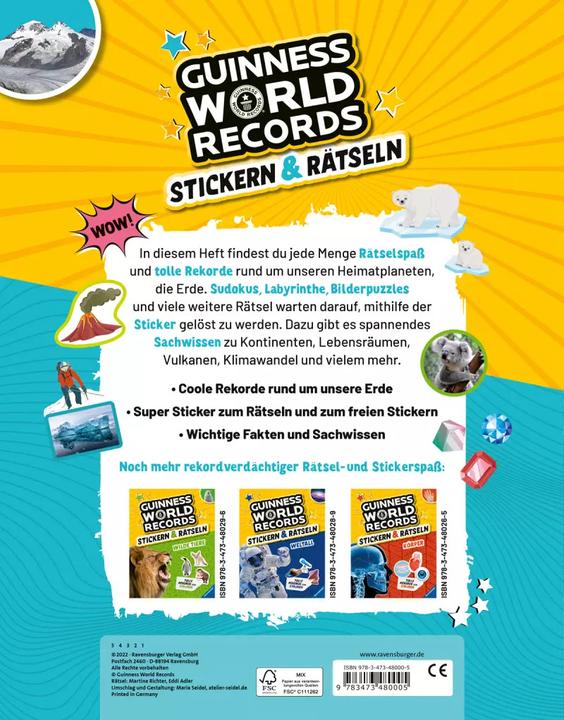 Actual product image Ravensburger Guinness World Records Stickern und Rätseln: Planet Erde (German, Eddi Eagle, Martine Richter, 2022)