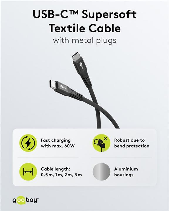 Actual product image Goobay USB-C Supersoft textile cable with metal plugs, m, blackgrey (0.50 m, USB 2.0, 60 W)