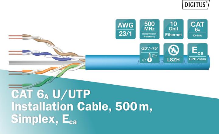 Image du produit Digitus Câble d’installation à paire torsadée CAT 6A U-UTP (U/UTP, CAT6a, 500 m)