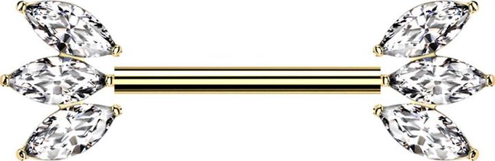 Star Piercing Threadless Barbell vergoldet mit zwei Fächer silber drei Kristalle silber (ohne Messing, Titan G23)