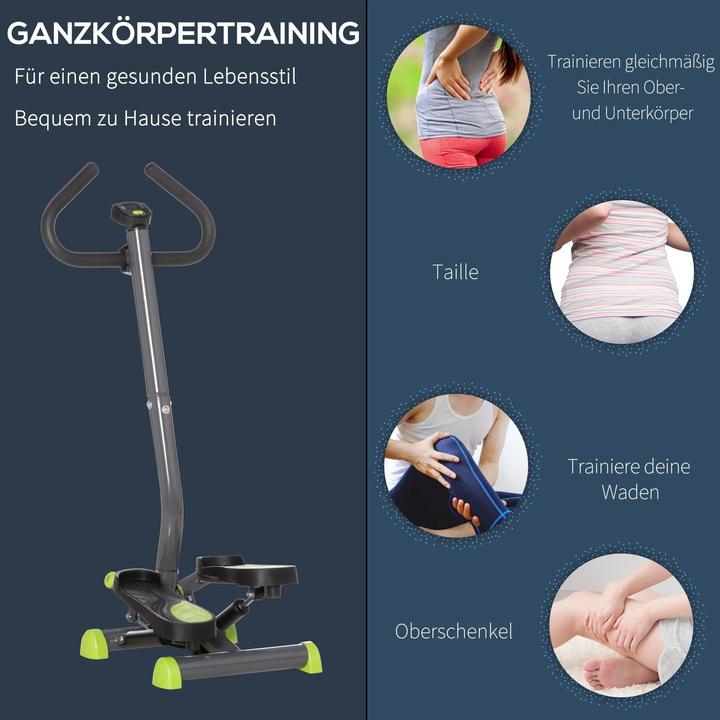 Produktbild Swisshandel24 Hometrainer Stepper Fitness Swing Stepper mit LCD-Schirm und Handgriff bis 100 kg Stahl ABS Grau+Grü