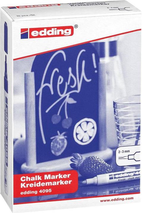 Produktbild Edding Kreidemarker 4095 (Rot, Weiss, Neonorange, Neonrosa, Blau, Hellgrün, Neongelb, Schwarz, Grün, 3 mm, 10 x)