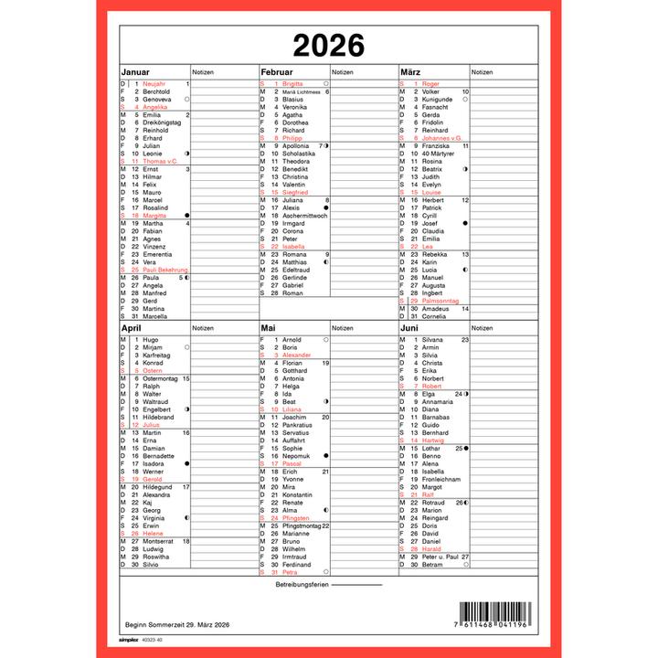 Nährwerte und Zutaten Simplex Kalender mit Namenstagen A4 Hochformat, 2026 (A4, Harter Einband, Deutsch)