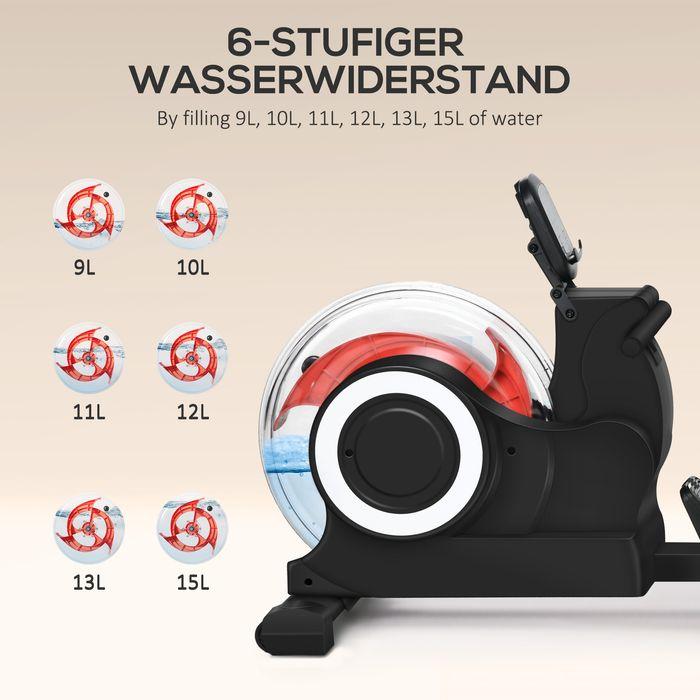 Actual product image Swisshandel24 Water rowing machine, foldable, 6 resistances, display, mobile phone holder, up to 120kg, metal
