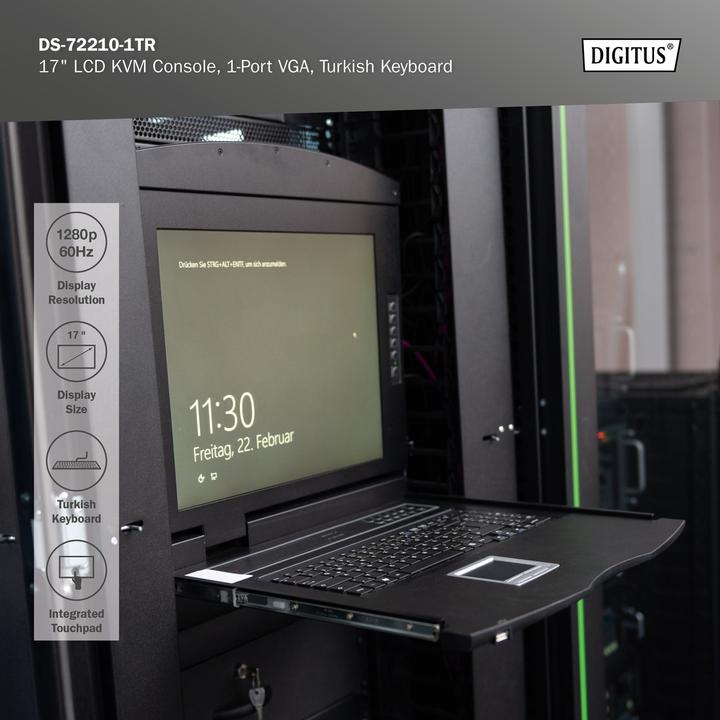 Produktbild Digitus Modulare Konsole mit 17" TFT (43,2cm), 1-Port KVM & Touchpad, türkischer Tastatur