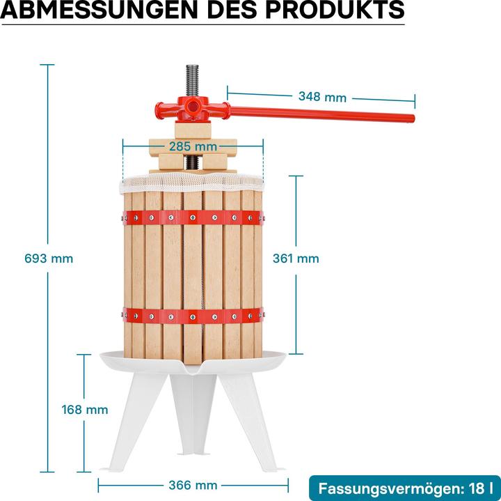 Image du produit Wiltec 18L Presse à fruits incl. torchon pour pressoir vin fruit chêne cidre de pommes