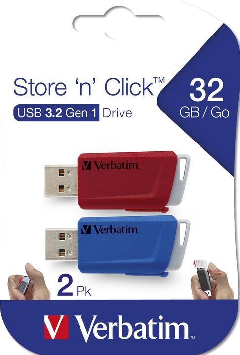 Actual product image Verbatim USB flash drive 2x 32GB 3.2 Store'n Click Gen1 red/blue external retail (32 GB, USB-A)