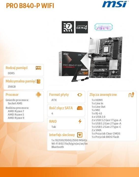Produktbild MSI PRO B840-P WIFI (AM5, AMD B840, ATX)