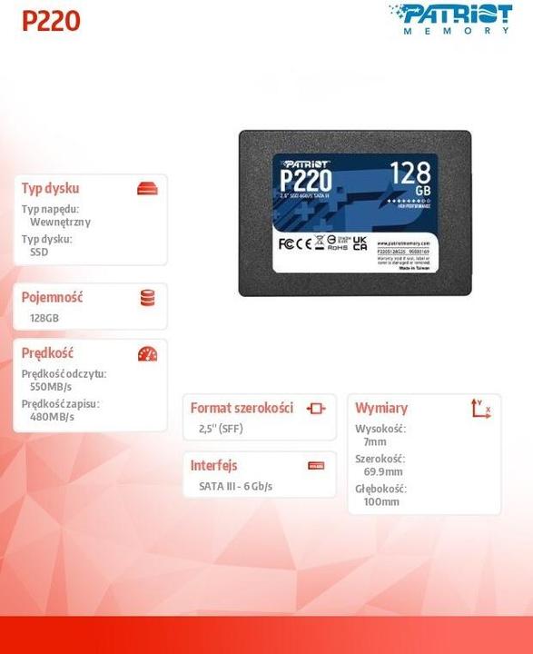 Image du produit Patriot SSD 128GB 2,5" P220 SATA3 550/480 (128 Go, 2.5")