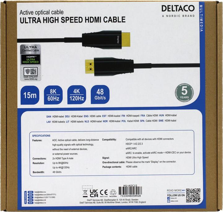 Energie-Label Deltaco - AOC HDMI Kabel - Ultra High Speed Gecertificeerd - 15 meter - Zwart (15 m, HDMI)