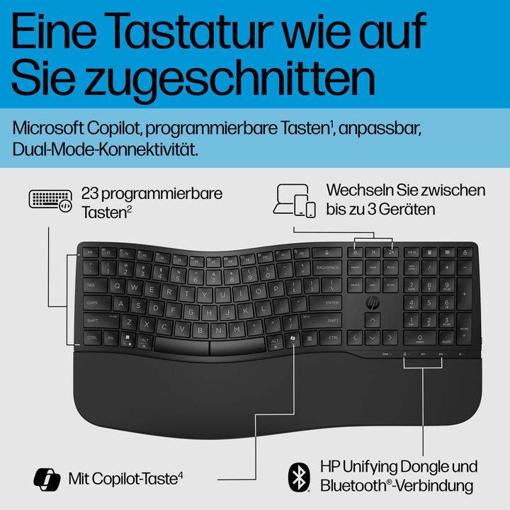 Produktbild HP 685 Comfort Dual-Mode Keyboard, Volle Grösse (100%), Kabellos, RF Wireless + Bluetooth, Membran Ke (DE, Kabellos)