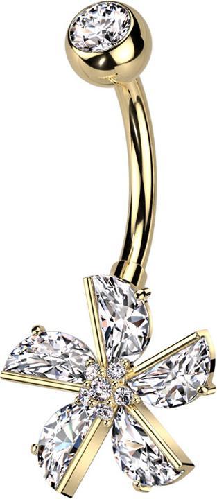 Star Piercing Banane vergoldet mit Kugel Kristall silber und Blume Kristalle silber (Chirurgenstahl 316L, Messing)