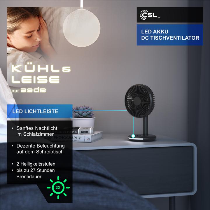 Immagine prodotto CSL Akku Tischventilator, USB Mini Desk Fan, Schreibtischventilator, sehr leise, neigbar, mobiler Lüfter (46.50 dB)