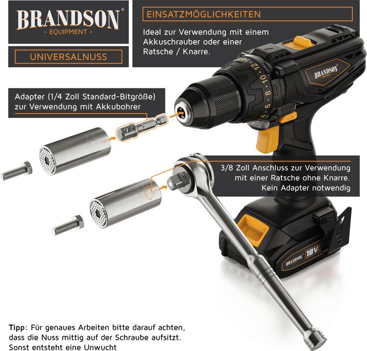 Produktbild Brandson Steckschlüssel, Universal Schlüssel, Multifunktions Nuss Bit Adapter, Universalnuss 7-19mm + Adapter
