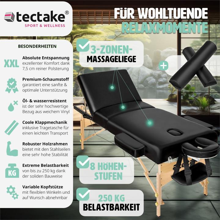 Actual product image tectake 3-zone massage table set Somwang with 7.5cm padding, castors and wooden frame