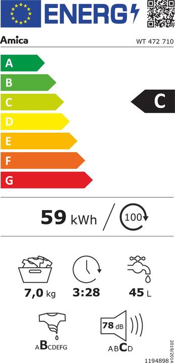 Etichetta energetica Amica WT 472 710 ws Toplader C 7kg 1200U 16Prg Aquastop 87,5x40x61cm (7 kg)