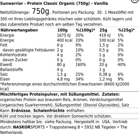 Nährwerte und Zutaten Sunwarrior Protein Classic Organic (Vanille, 1 Stk., 750 g)