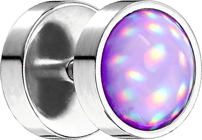 Star Piercing Fake Plug silber mit Opalite violett (ohne Messing, Chirurgenstahl 316L)
