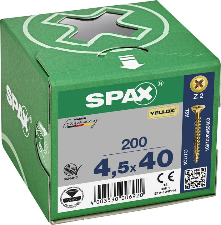 Image du produit Spax Vis R 88094 tête fraisée avec pointe/croix -PZ 4,5 x 40/34-Z acier électrozingué jaune (200 Vis par pièce)