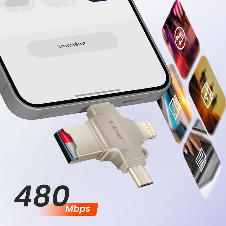 Image du produit LinQ OTG7976 Lecteur de carte Micro-SD OTG (Lightning, Micro USB, USB, USB-C)