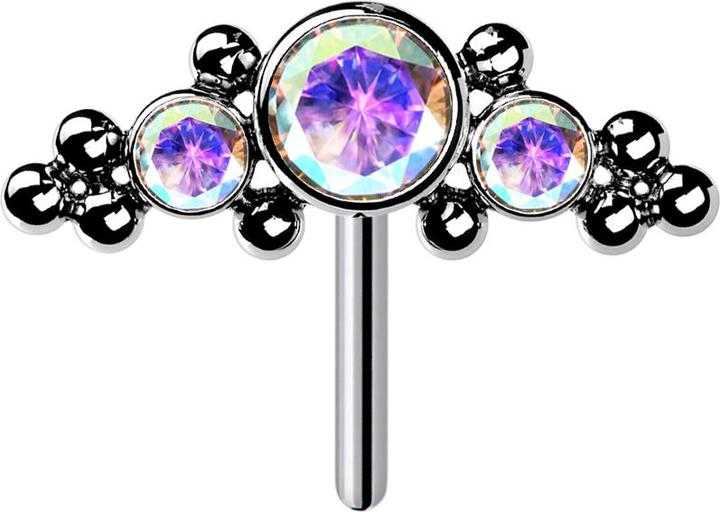 Star Piercing Threadless silber front mittig mit Kugeln und drei Kristalle multicolor (Titan G23, ohne Messing)