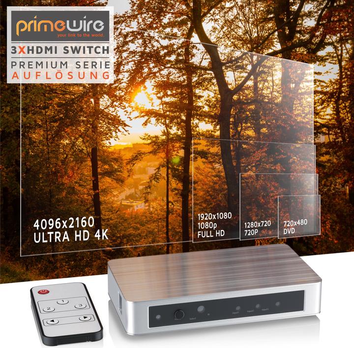 Actual product image Primewire HDMI Switch 4k UHD, 3 Port, Distributor with remote control & power supply unit