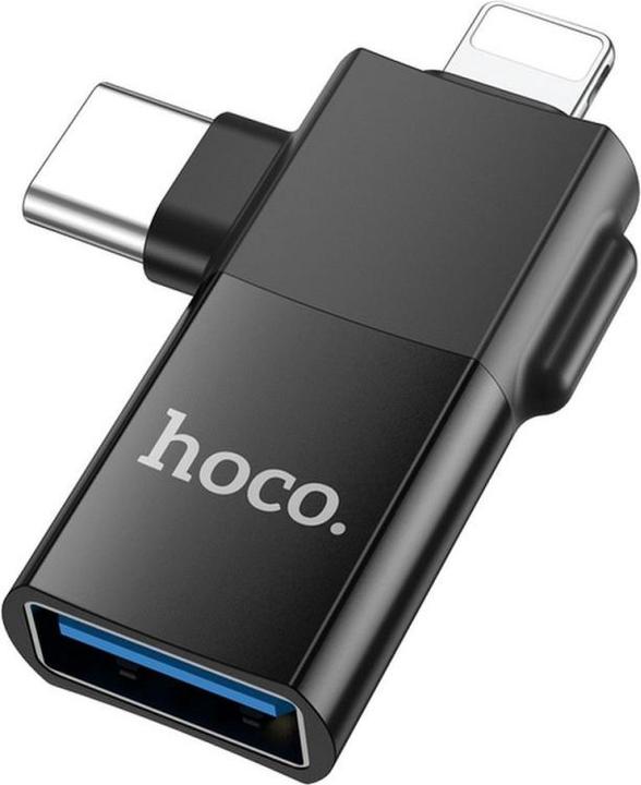Actual product image Hoco Cable adapter OTG Type C (male) / Lightning (male) to USB A (female) 2in1 UA17 black (Lightning, USB Type C, USB-A)