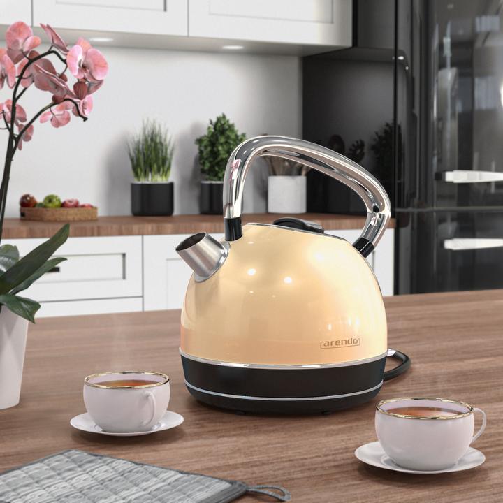 Produktbild Arendo Wasserkocher 1,7 l, 2200 W, Edelstahl, Retro Style, Vintage, Überhitzung & Trockenkochschutz, beige (1.70 l)