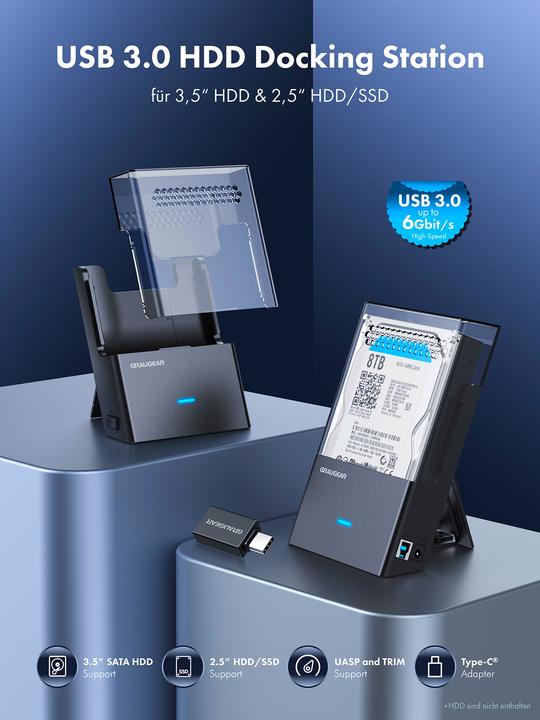 Produktbild Graugear Dock-Geh?use f?r 3,5"/2,5" HDD/SSD, USB3.2 Gen1 (USB-C, 1 Ports)