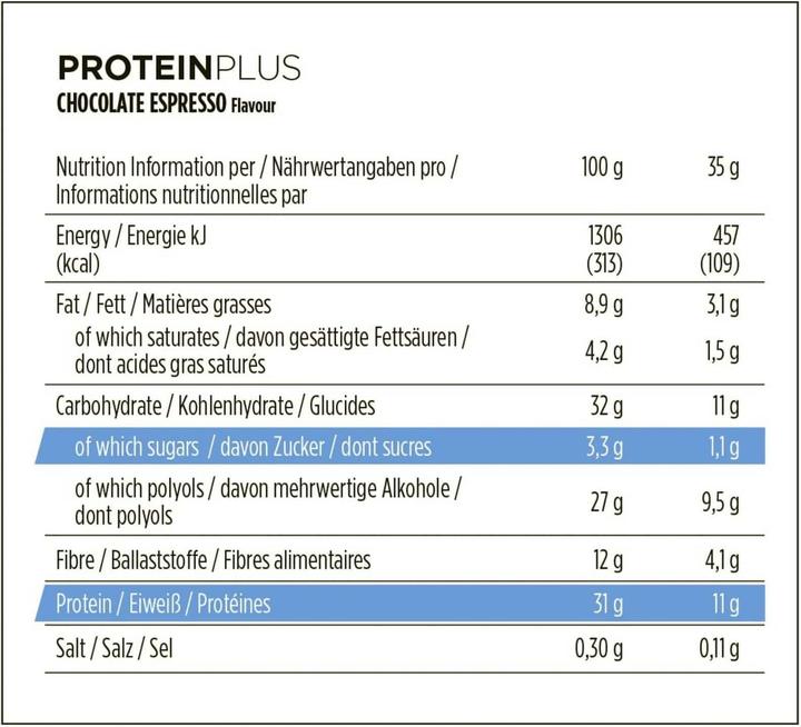 Valori nutrizionali e ingredienti Powerbar Proteine Plus a basso contenuto di zuccheri (Espresso, Cioccolato, 16 pz., 560 g)