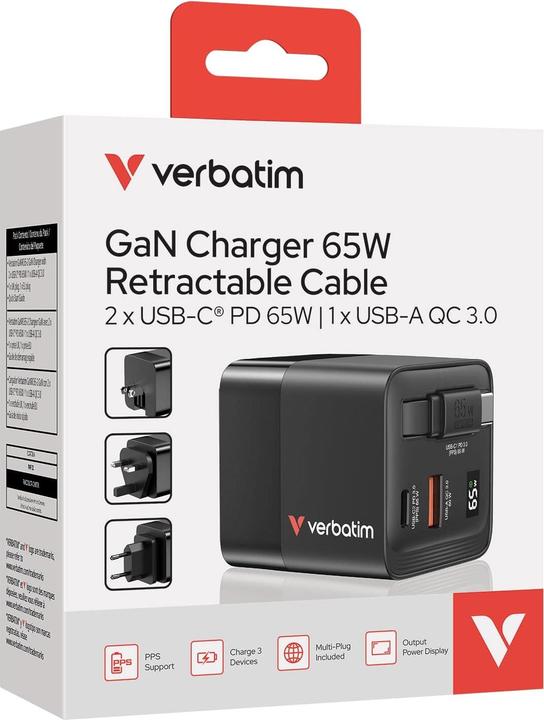 Productafbeelding Verbatim GaN Oplader 65W Intrekbare Kabel (65 W)