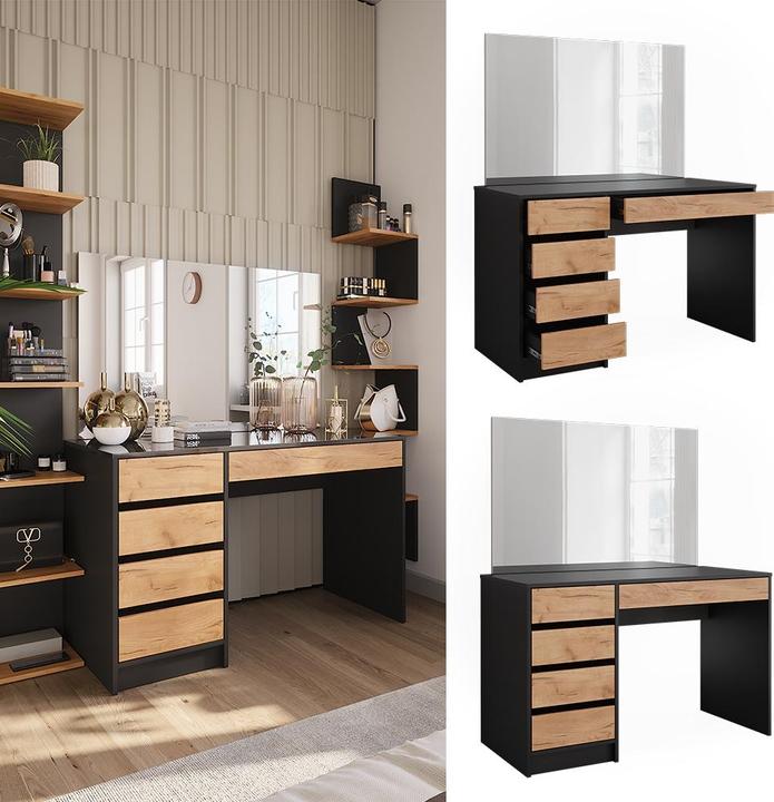 Actual product image Vicco Dressing table Sherry, Anthracite/golden oak, 120 x 75 cm with LED mirror and stool (120 x 75 x 55 cm)