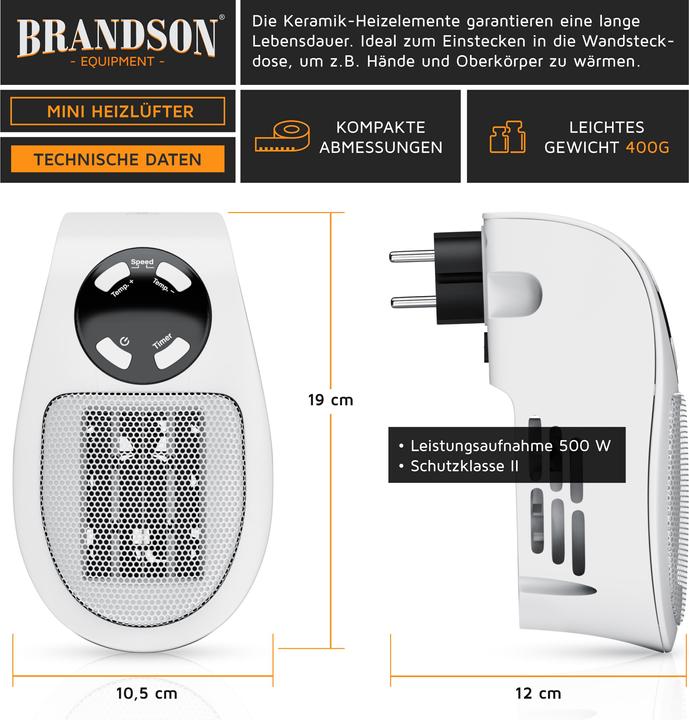 Actual product image Brandson Socket Mini Fan Heater 500 W, Bathroom Ceramic Heater with Temperature Control & Remote Control (500 W)