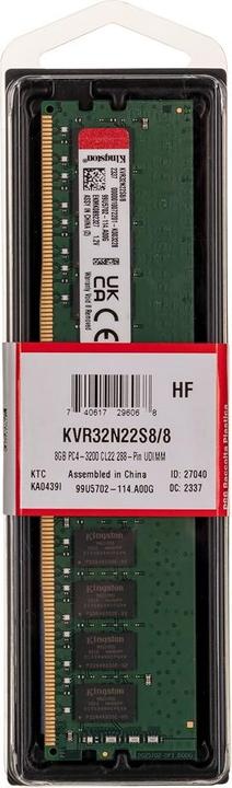 Produktbild Kingston Memory DDR4 8GB 3200MHz Non-ECC (1 x 8GB, 3200 MHz, DDR4-RAM, DIMM)