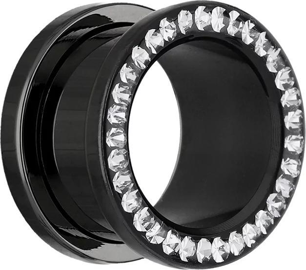 Star Piercing Flesh Tunnel schwarz mit Kristall silber und Epoxy Schutzschicht (ohne Messing, Chirurgenstahl 316L)