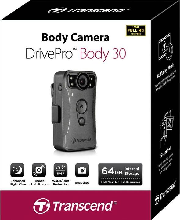 Image du produit Transcend DrivePro Body 30 (Indicateur intégré, Bluetooth, WiFi, Vision nocturne, Récepteur GPS, Microphone intégré, Full HD)