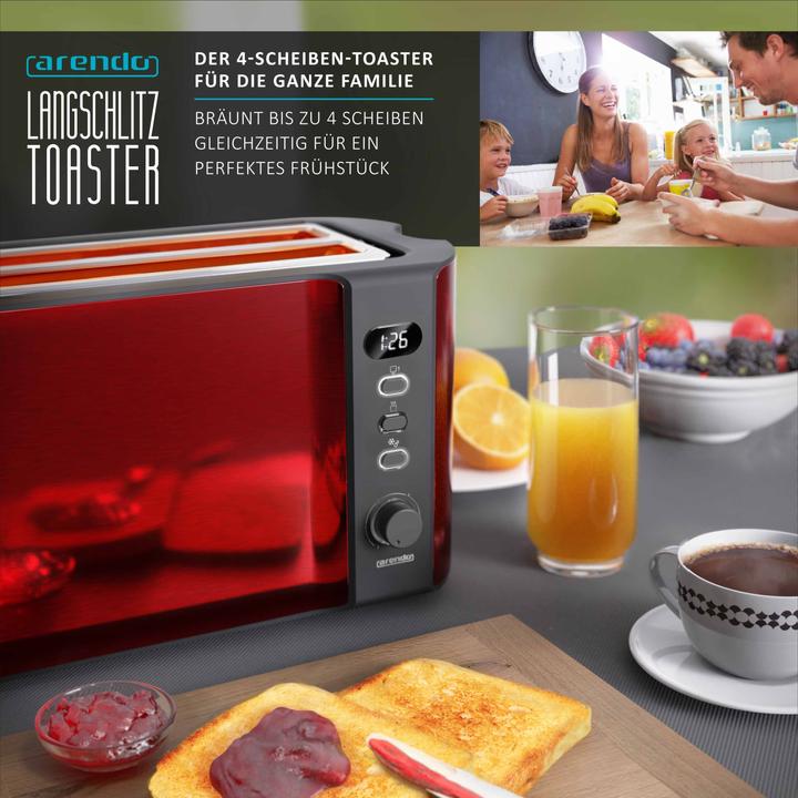 Actual product image Arendo 4 slice stainless steel toaster long slot, bread roll attachment, display with remaining time