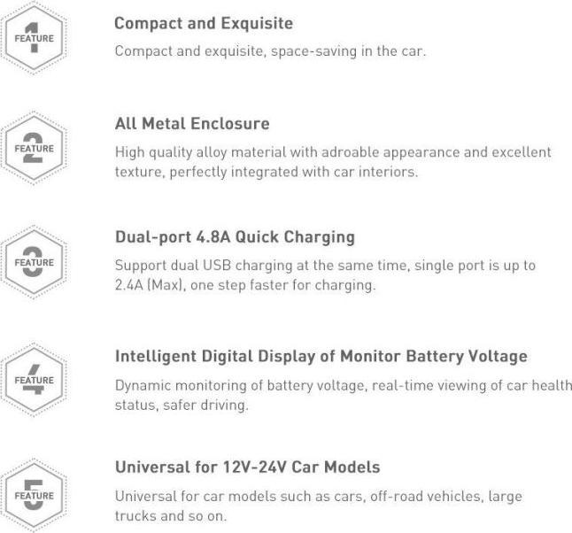 Produktbild Baseus Digital Display Dual USB 4.8A Car Charger 24W Grey