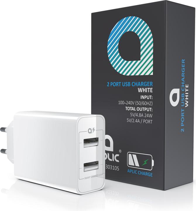 Produktbild Aplic USB Ladegerät 4800 mA, 2 Port Nezteil mit Smart Charge + Solid Charge, Leistungsstarke 24W, weiss (24 W)