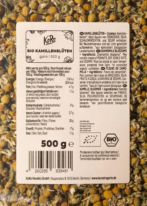 Nährwerte und Zutaten KoRo Bio Kamillenblueten ganz (500 g)