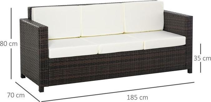 Produktbild Swisshandel24 Poly-Rattan Sofa mit Kissen 3-Sitzer Garten Loungesofa Metall Polyester Braun+Weiss 185 x 70 x 80 cm