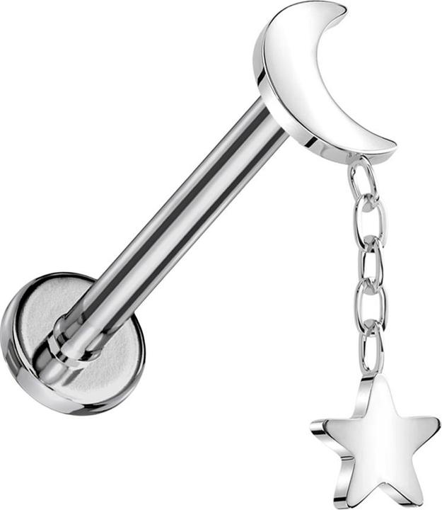 Star Piercing Micro Labret Innengewinde silber Mond silber Anhänger Stern silber (ohne Messing, Titan G23)
