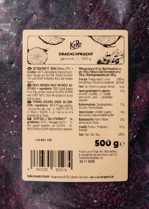 Produktbild KoRo Getrocknete Drachenfrucht, ungeschwefelt (500 g)