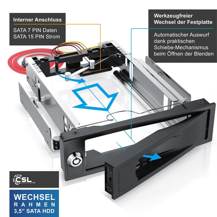 Produktbild CSL Festplatten Wechselrahmen, 5,25", für 3,5" SATA HDD's, Anti-Vibrations-Kit, Abschliessbar